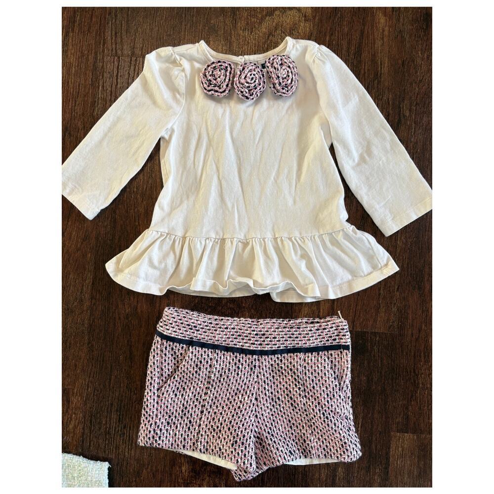 Janie & Jack Girls Size 4 Pink Navy Blue Tweed Shorts And Top 2-Piece Outfit Set